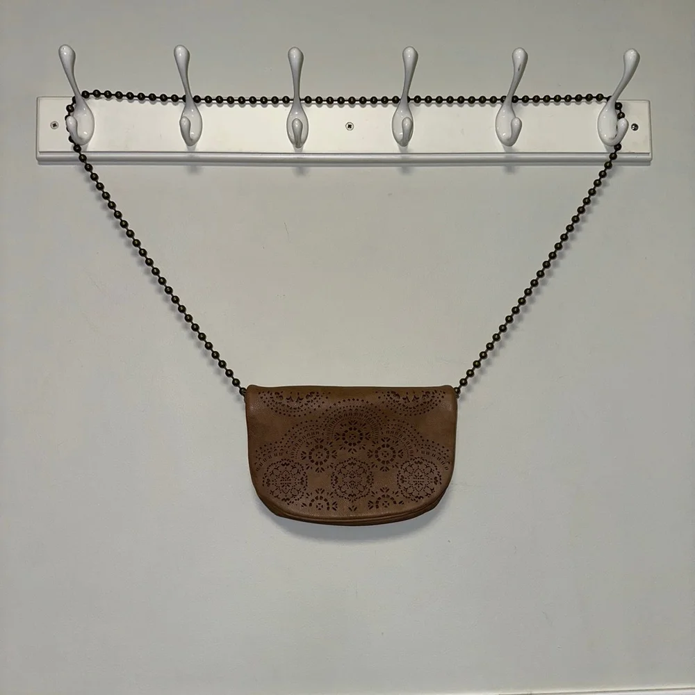 T-Shirt & Jeans Tan Laser Cut Crossbody Bag geometric ball chain strap purse